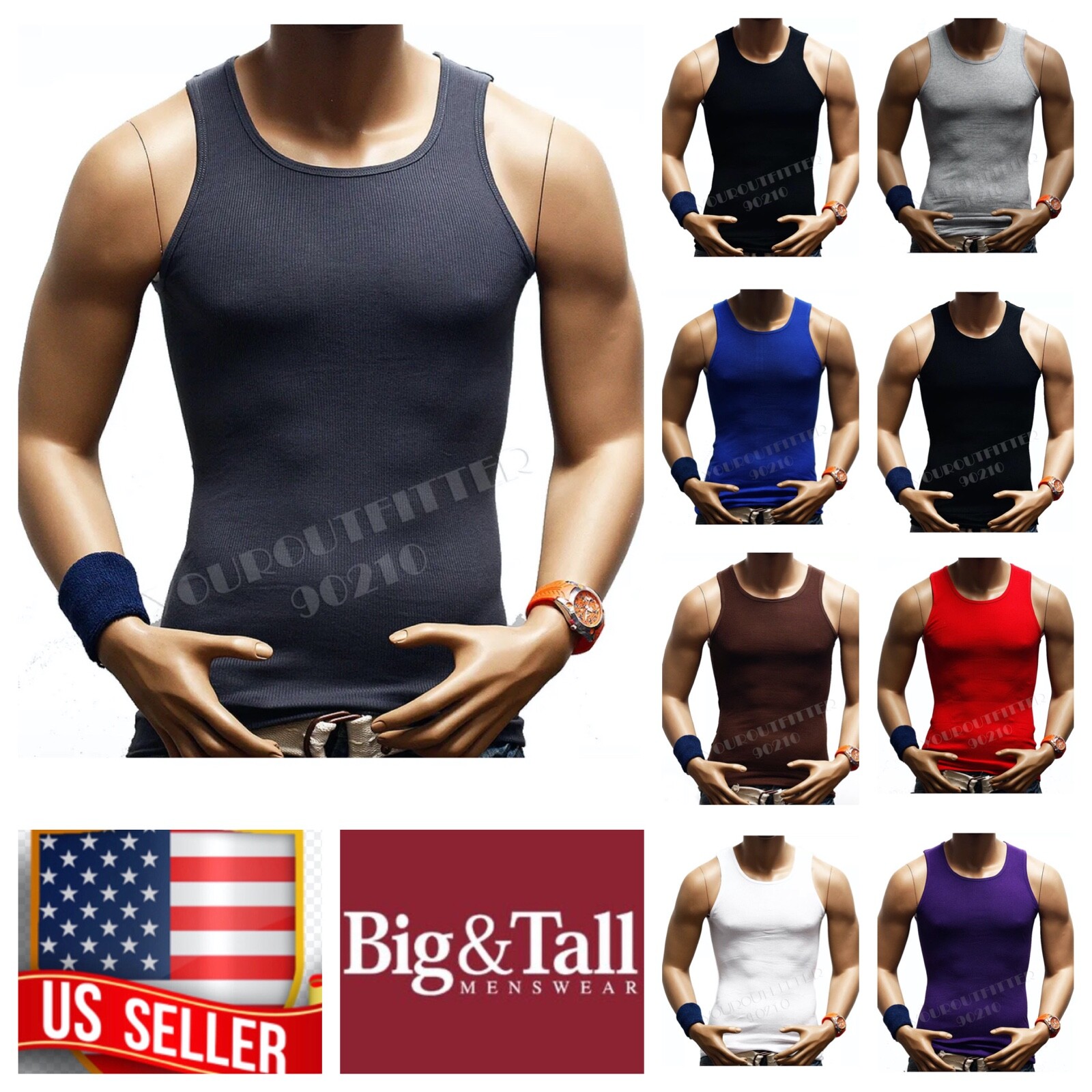 Men S-5XL 100% Cotton Tank Top T-Shirt A-Shirt Muscle Ribbed Wife Beater Tee Gym