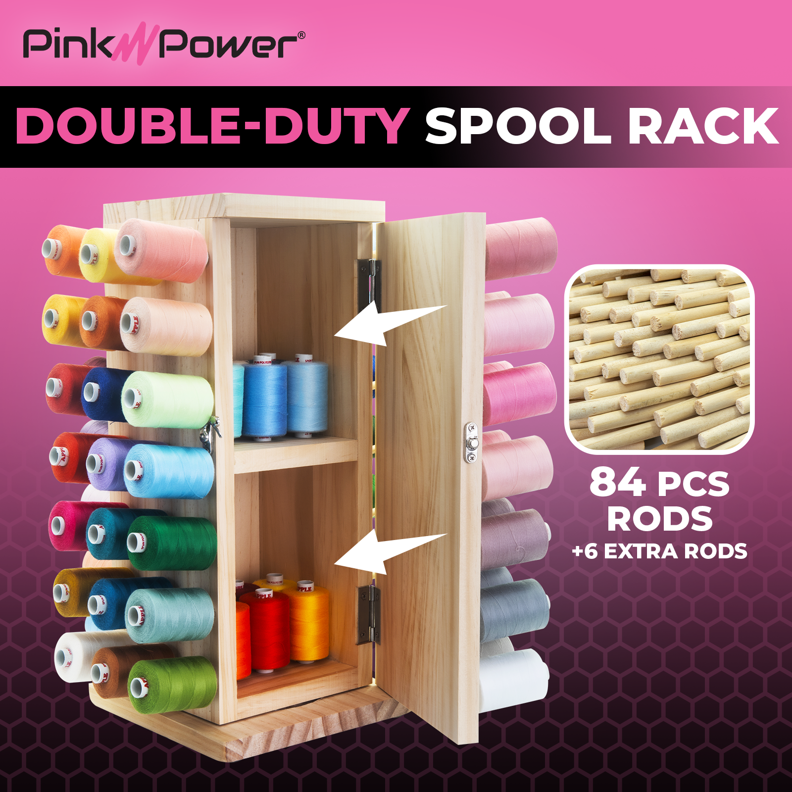 Pink Power 84 Spool Thread Holder – 360° Rotating Wooden Rack for Craft & Sewing