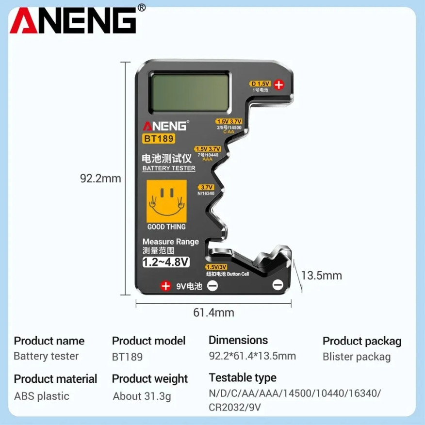 1pc ANENG BT189 Universal Battery Tester LCD Display for AA AAA 9V Button Cells