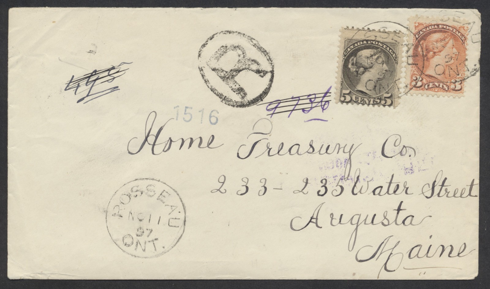 1897 Registered Cover Rosseau (PSD) ONT to USA RPO 3c + 5c SQs