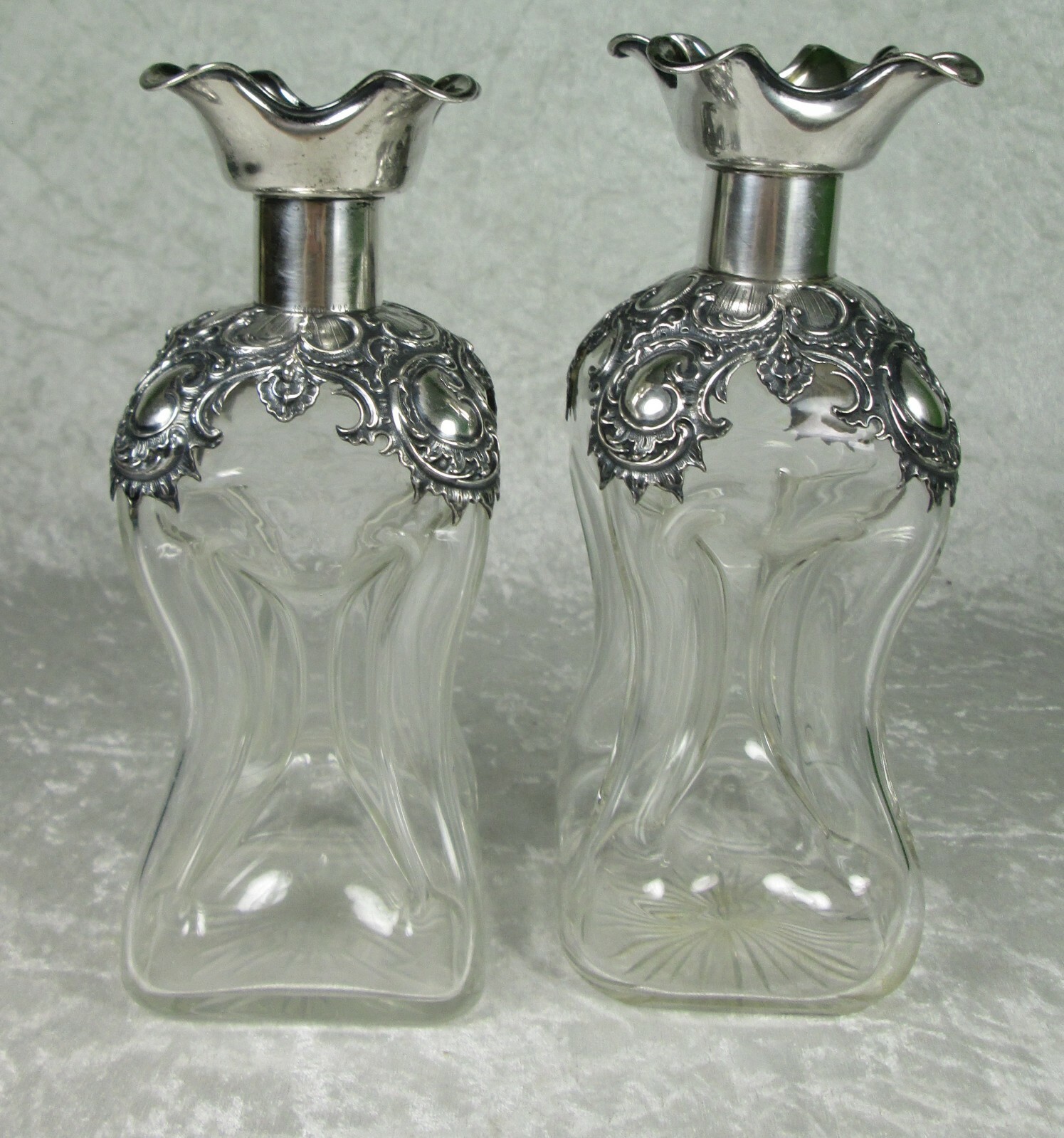 Wilhelm Binder Art Nouveau Decanters 800 Silver Overlay Pinched Glass Antique