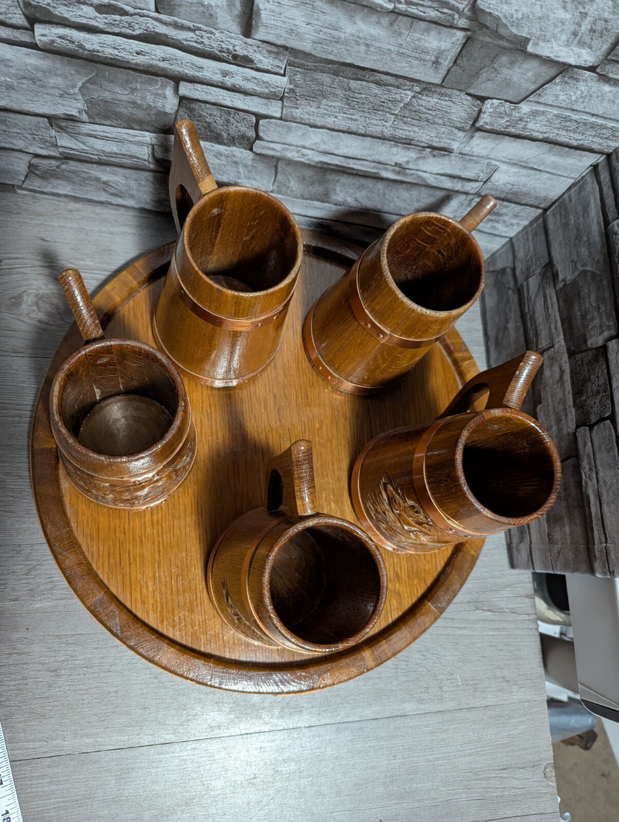 Vtg Set Of 5 Wood & Copper Beer Mug Stein Tankard Cups w/Tray Viking Bar Decor
