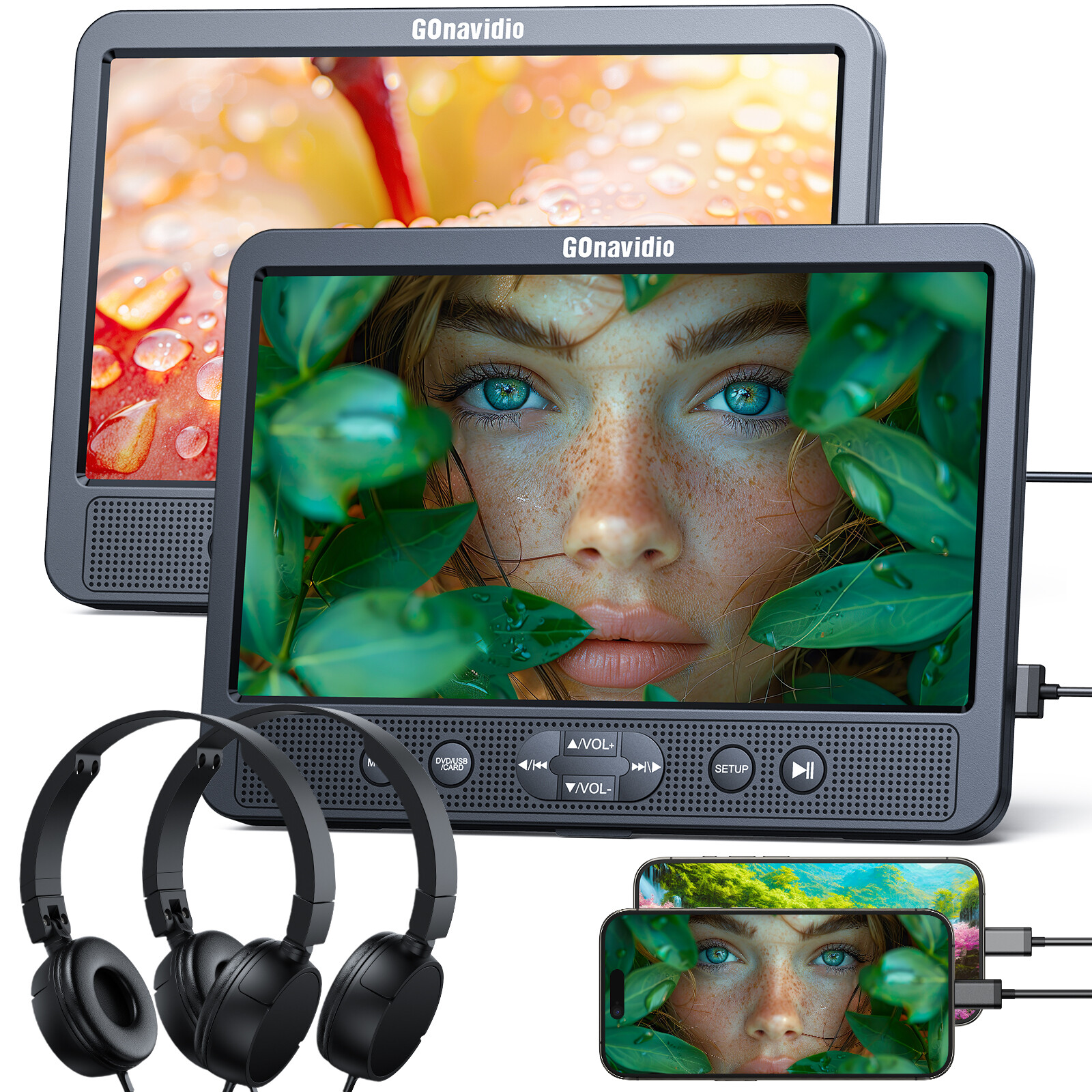 2X10.5" Full HD Screen Car Headrest DVD Player TV Monitor USB HDMI w/ Headsets