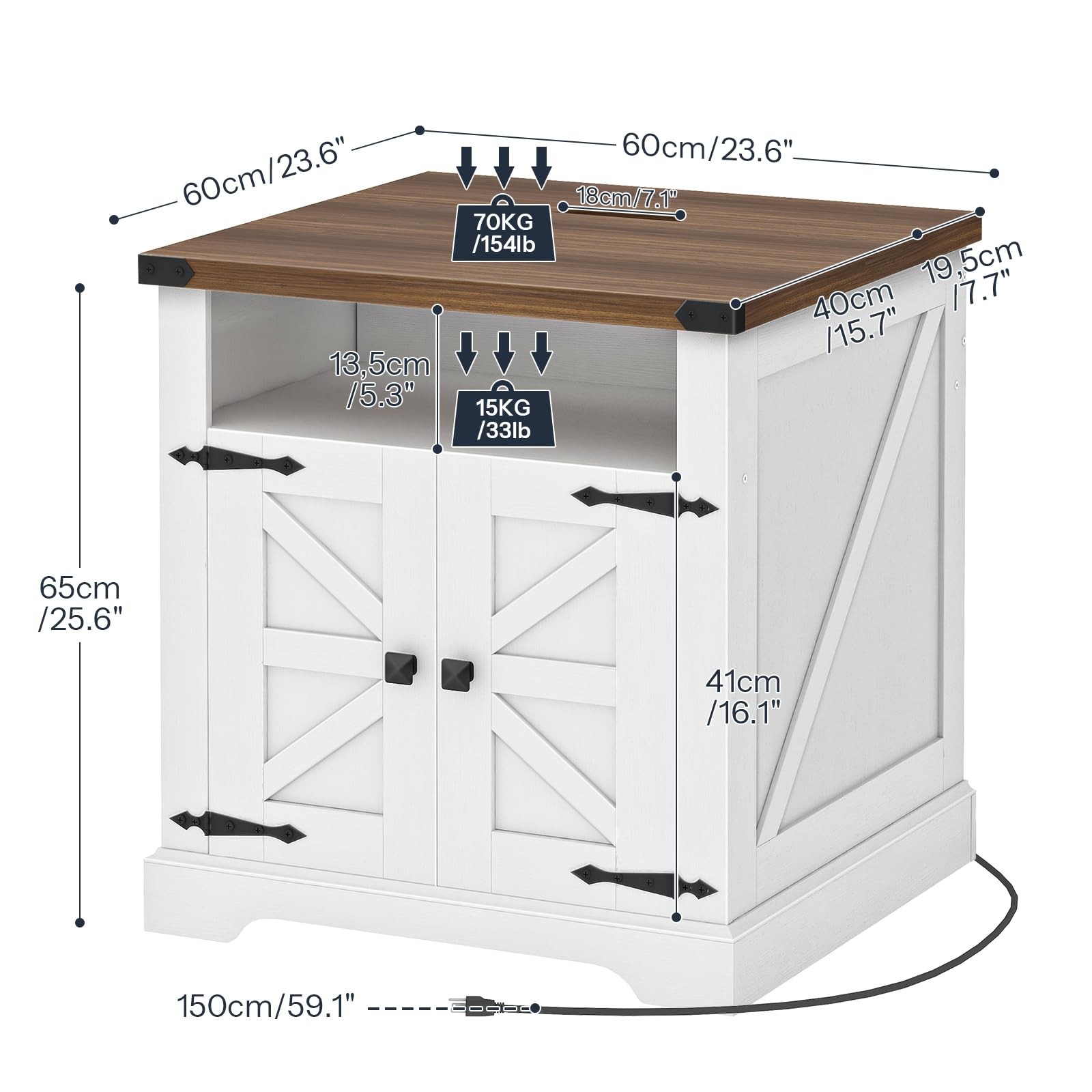 Farmhouse End Table with Charging Station Barn Door Flip Top