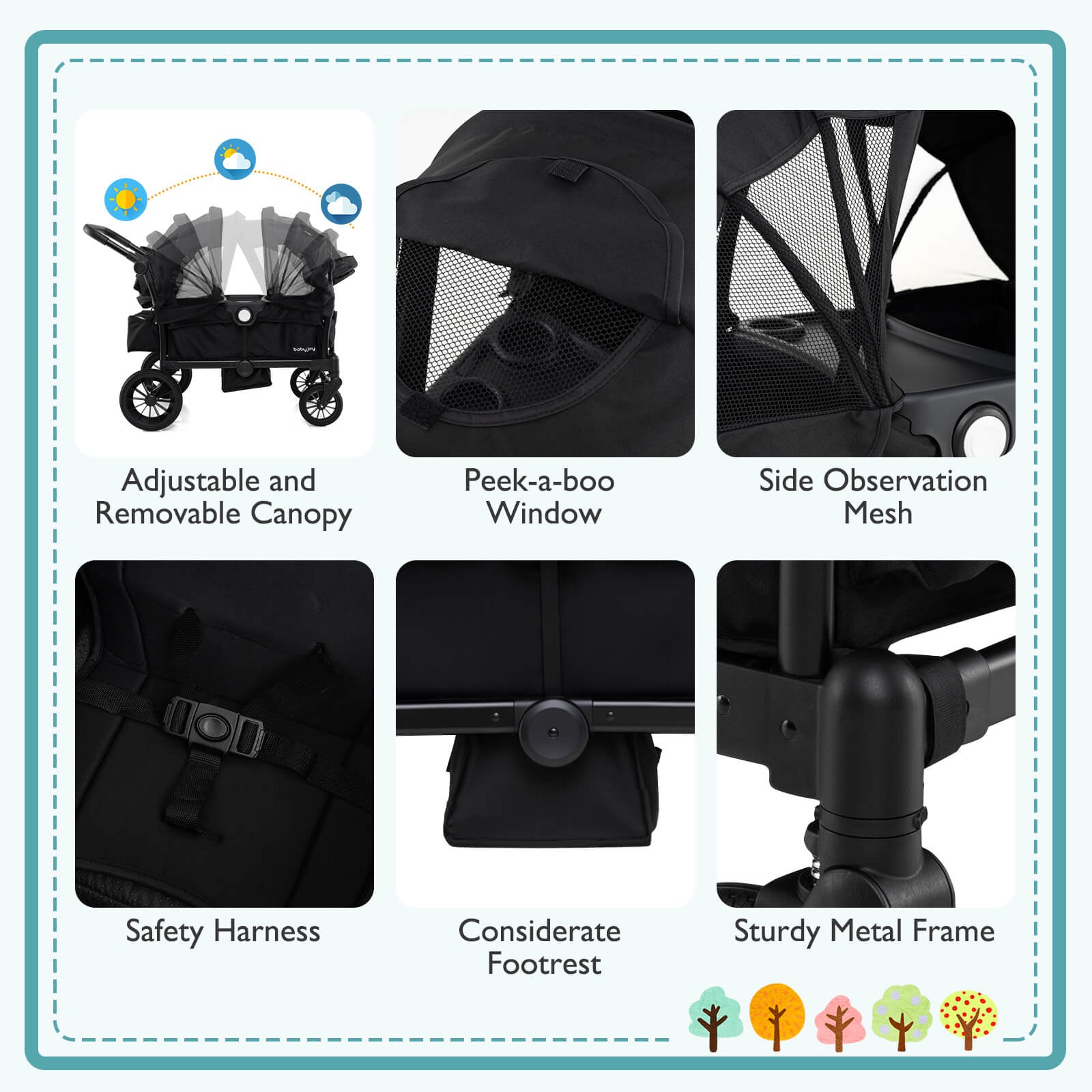 Wagon Stroller for 2 Kids Push Pull Double Stroller with Adjustable Handle