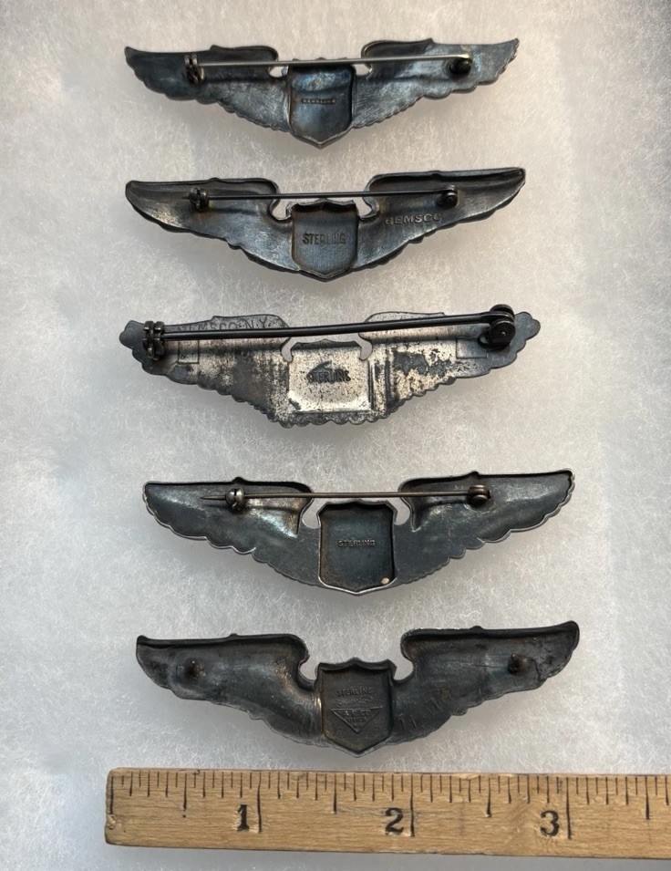 5 WWII / Prewar 1930’s USAC USAAF Full Size Sterling Silver Pilot Wings
