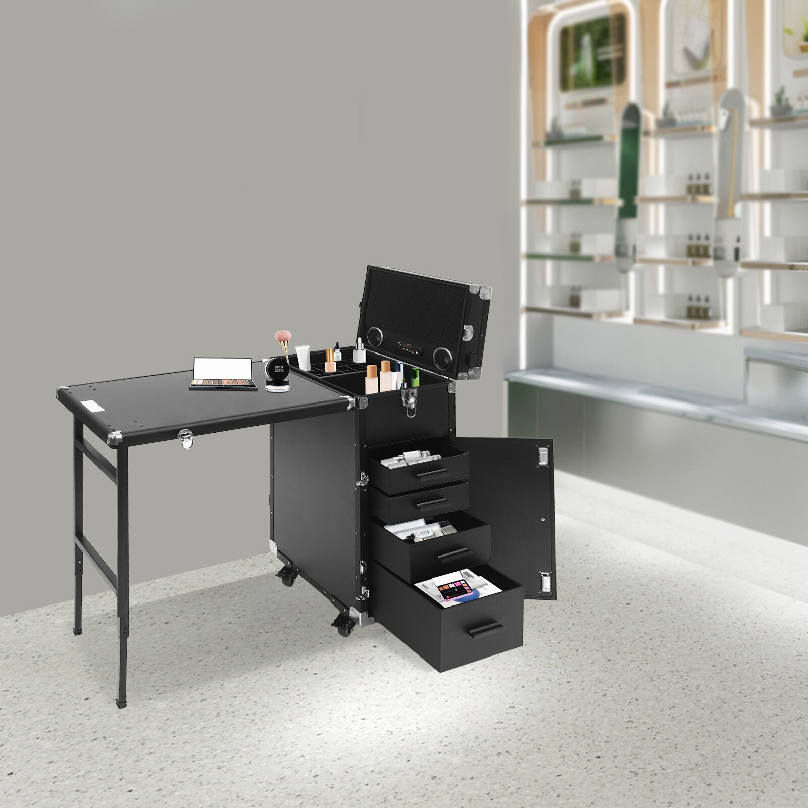 Nail Desk Mobile Station Rolling Makeup Train Case Manicure Table with Speaker