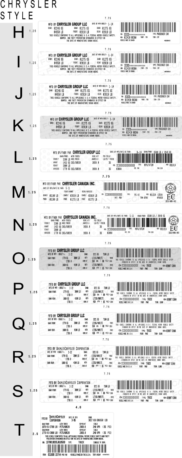 CUSTOM FCA CHRYSLER Decal Sticker ID Label Tire Loading Information VIN# USA 3M