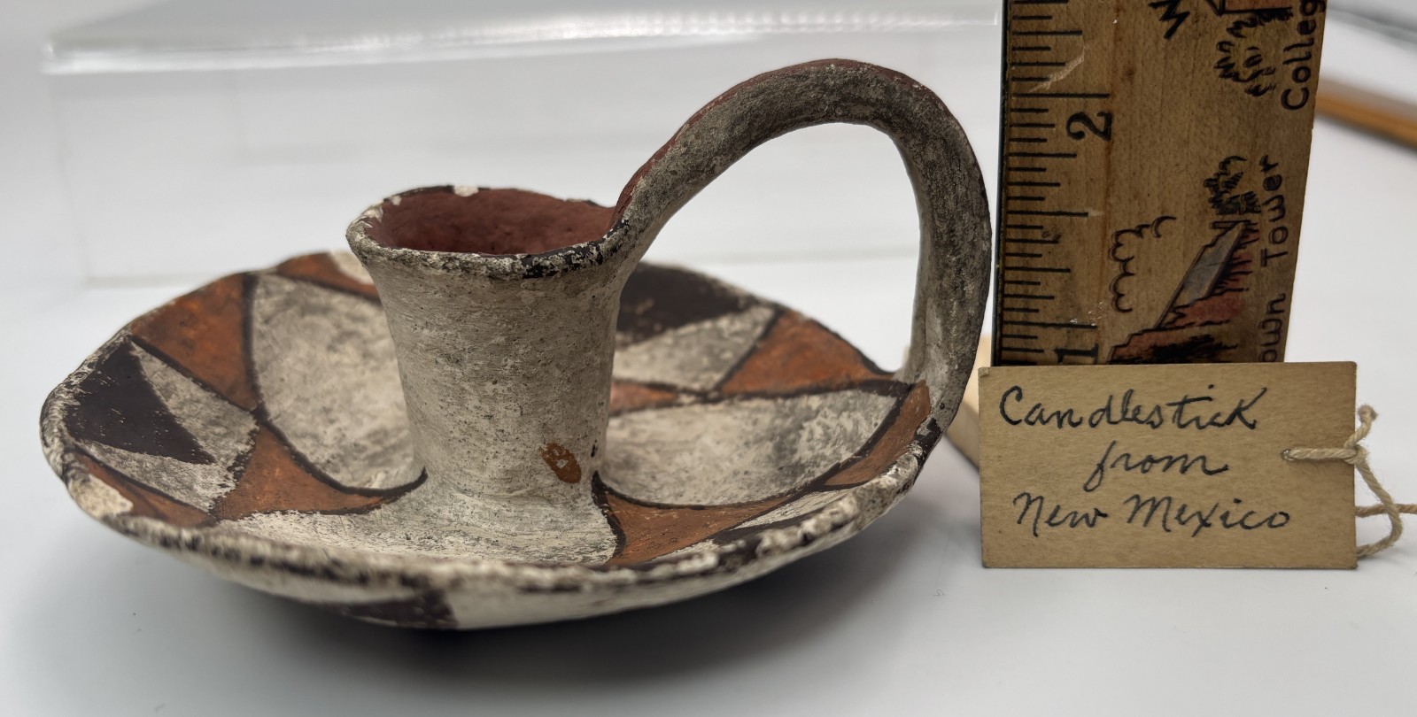 Antique Acoma Pueblo Pottery Candle Stick Holder w/ Old Tag Early 20th Century