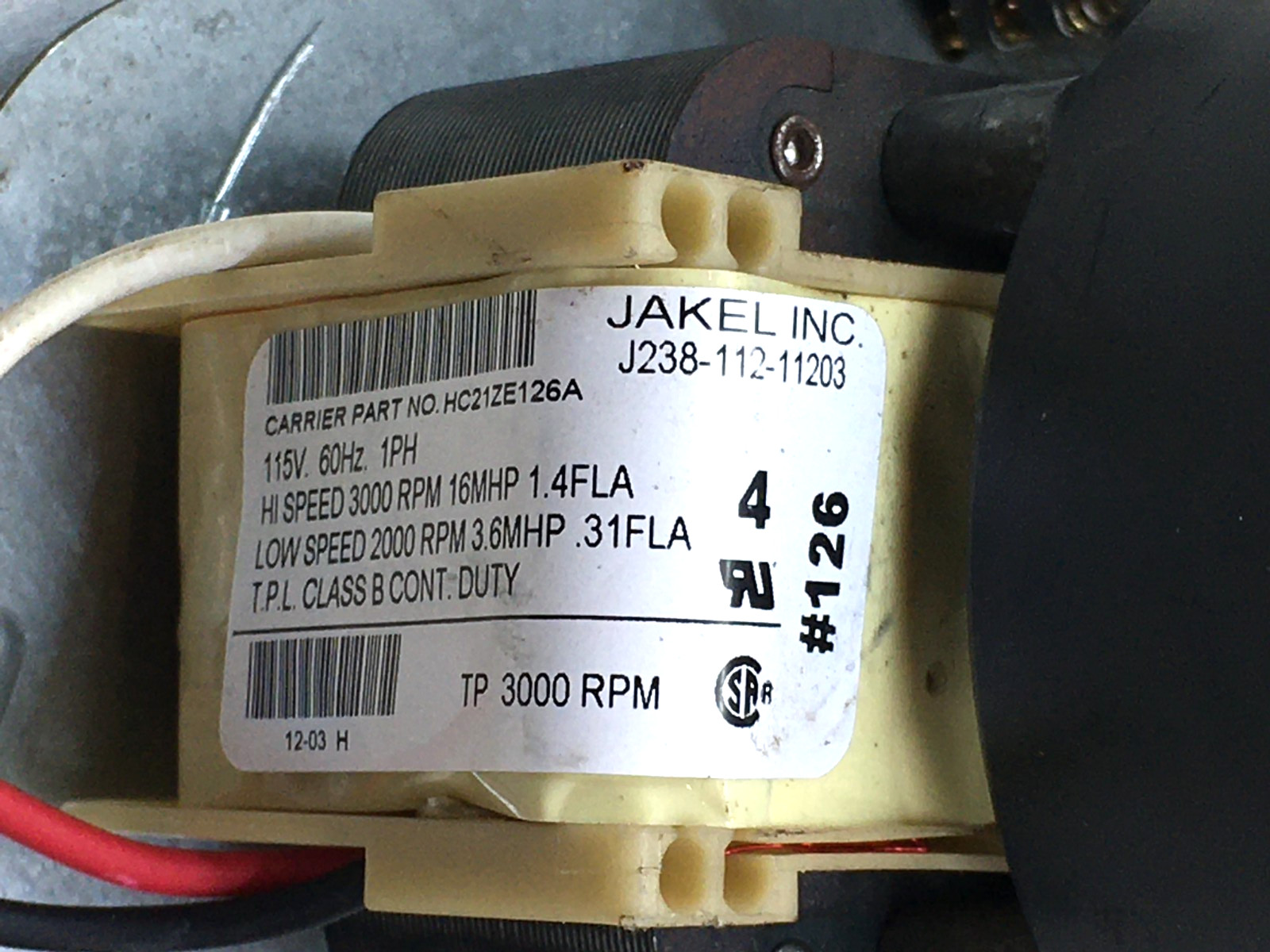 JAKEL J238-112-11203 Draft Inducer Blower Motor HC21ZE126A used refurbish. #RL46