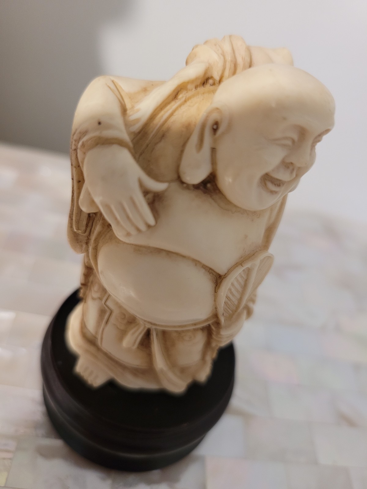 Vintage Japanese Carved Happy Buddha Figurine on Wood Stand 3-3/4" tall