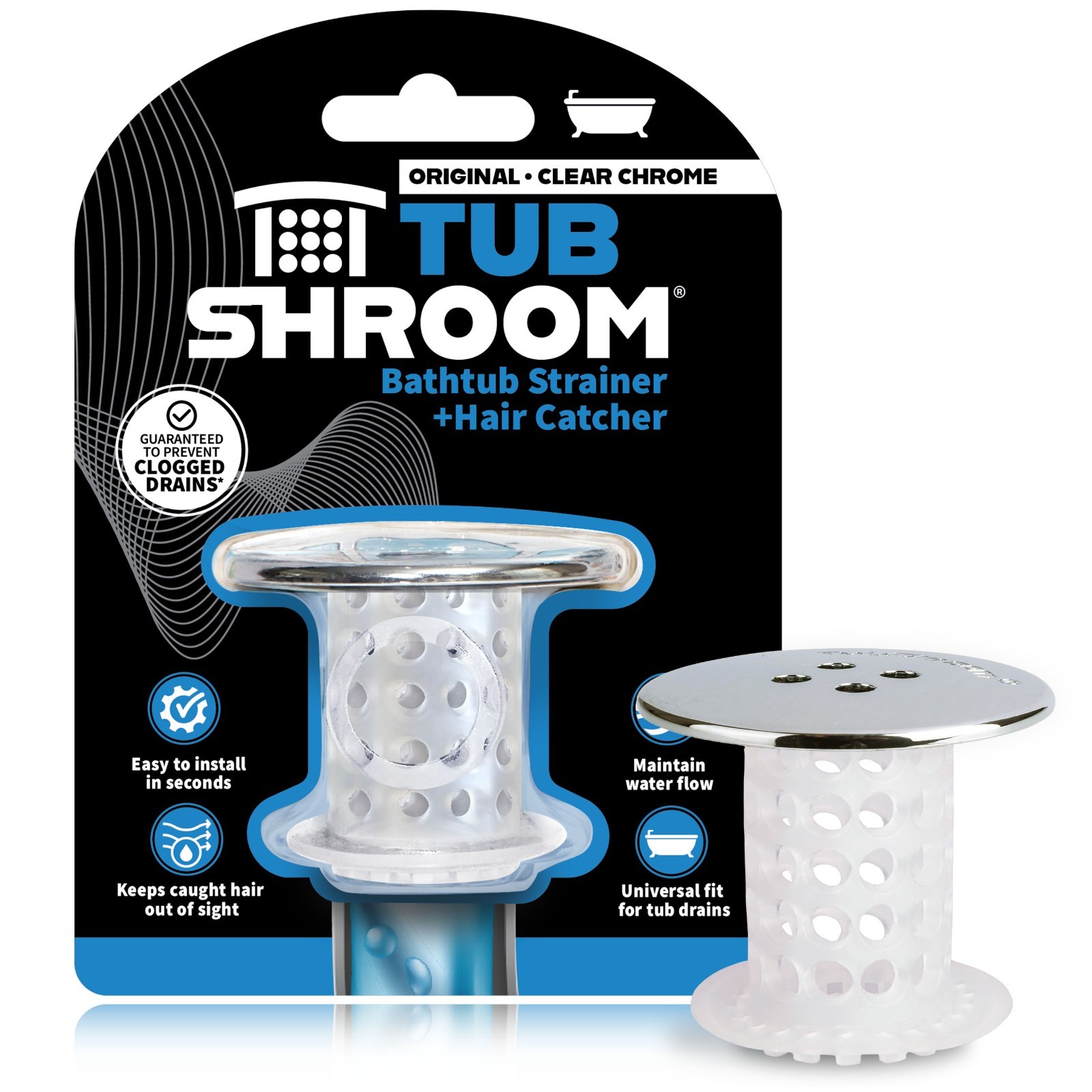 TubShroom® Chrome Revolutionary Tub Drain Protector Hair Catcher Strainer Snare