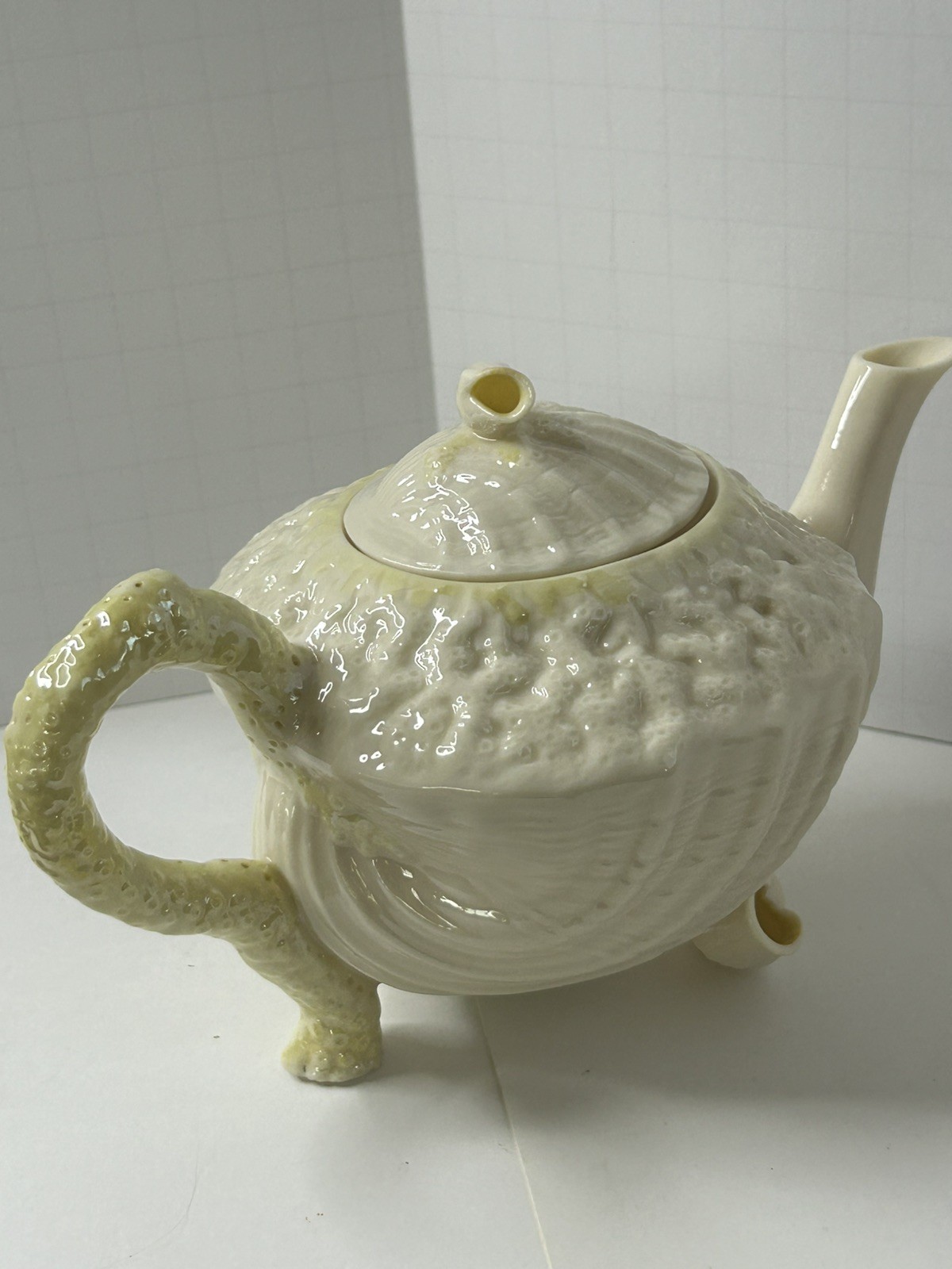 Antique Vintage Belleek Ireland Neptune Yellow Limpet Seashell Teapot w/ Lid