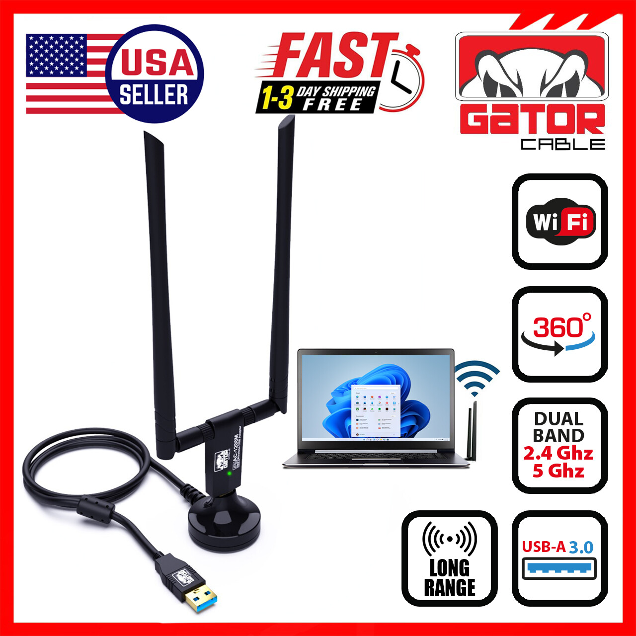 WiFi Wireless Antenna USB 3.0 Adapter Long Range 1200Mbps Dual Band 5GHz 2.4GHz