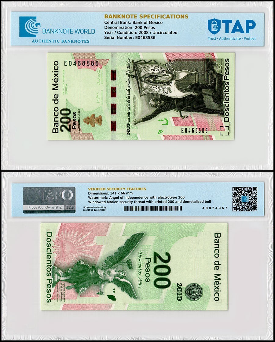 Mexico 200 Pesos, 2008, P-129e, UNC, Commemorative, Authenticated