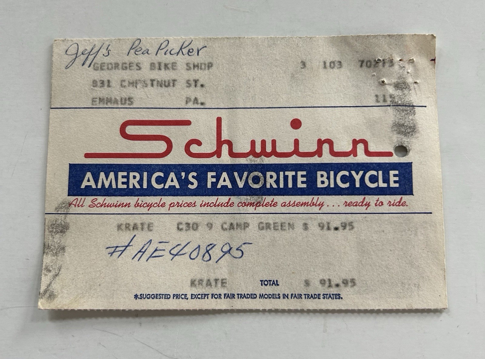 SCHWINN 1969 Pea Picker Bicycle Guarantee Card With Bill Of Sale Receipt