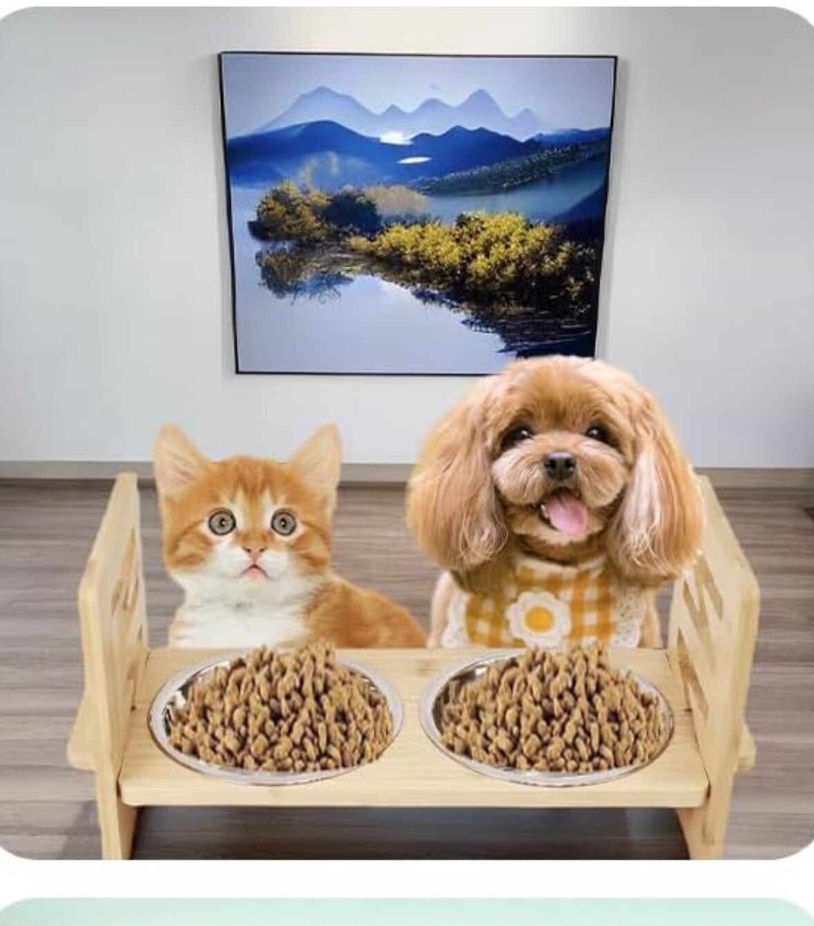 Elevated Bamboo Dog Bowls Stand Adjustable Double Stainless Steel Pet Feeder”