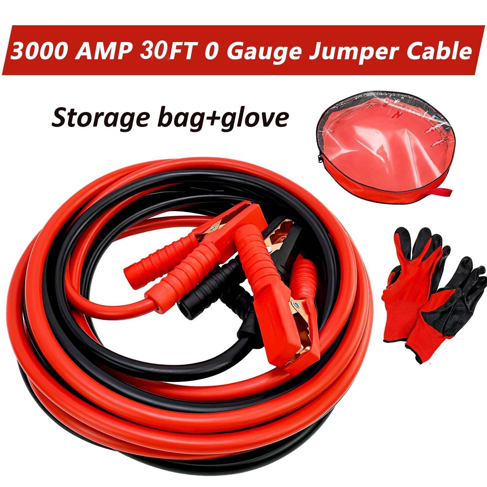 30ft 0 Gauge Auto Jumper Cables 3000AMP , Automotive Booster Cables for Car Van