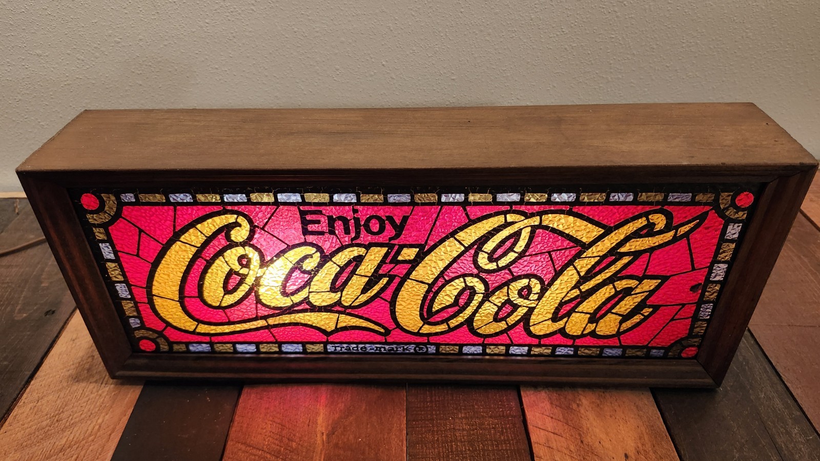 Coca Cola Stained Glass Light Box Sign, Wood Frame, Works. Lighted Sign