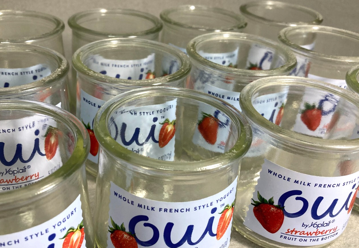 Empty Oui Yogurt Pots Lot of 12 w/Labels Clear Glass Jars for Crafts Candles
