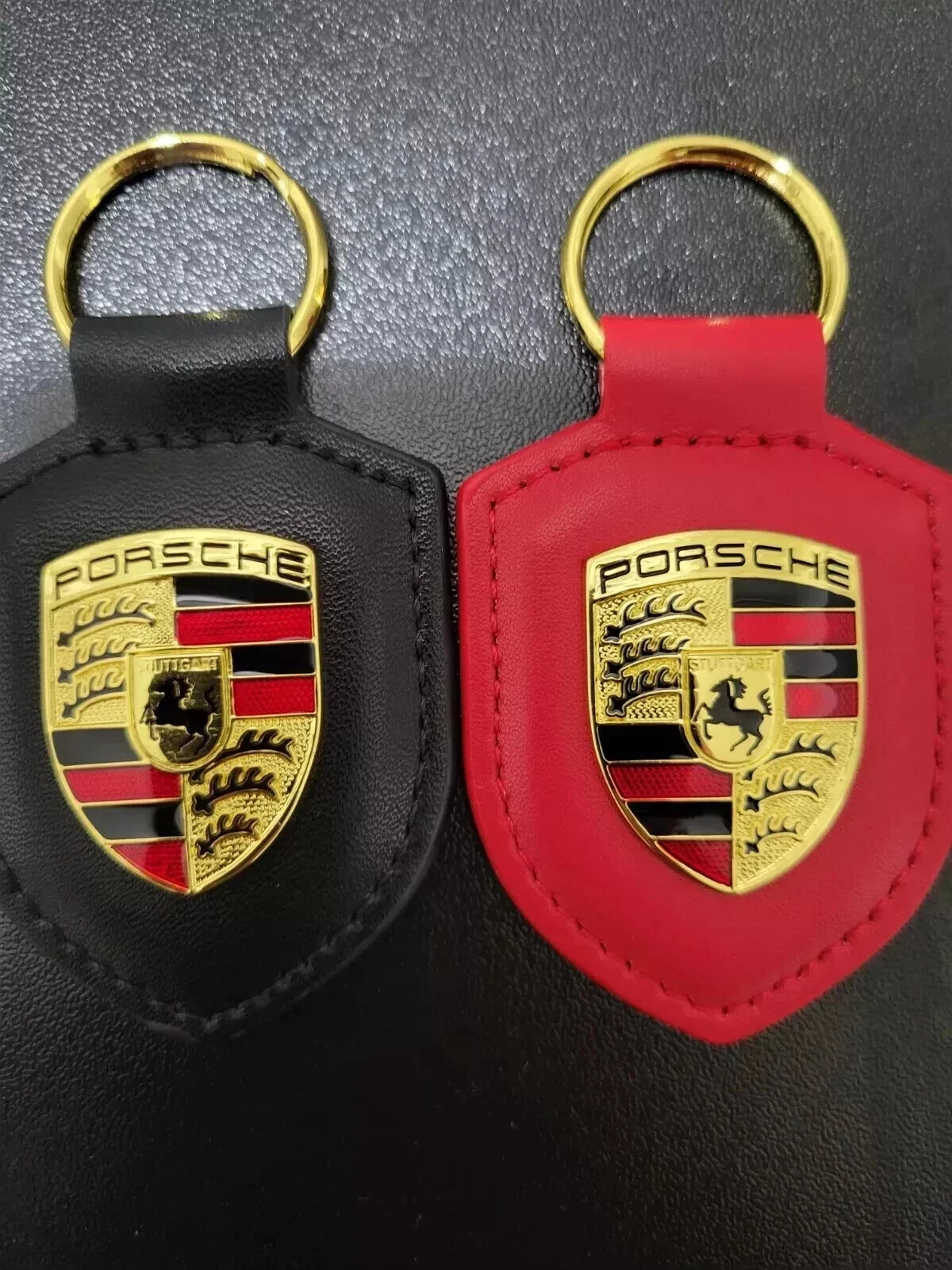 2X For Porsche Crest Leather Keyring Keychain Fob - Red & Black