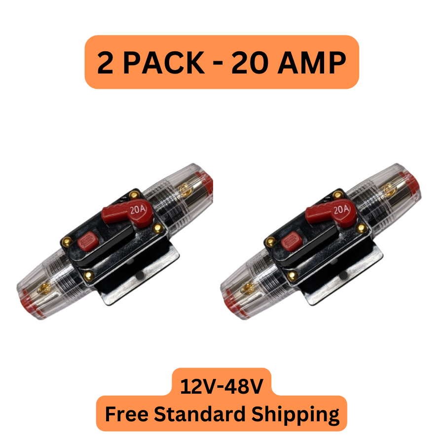 2 PACK 20 Amp Inline Waterproof Circuit Breaker Auto/Solar Manual Reset 12V-48V