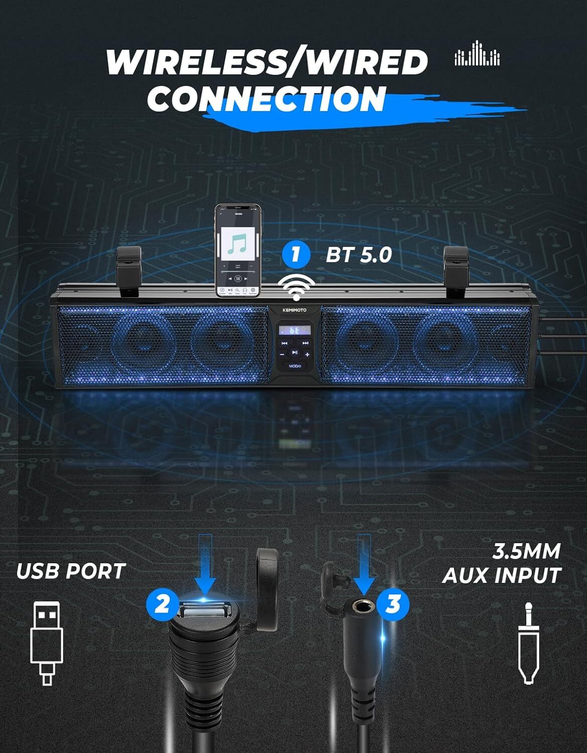 KEMIMOTO 26'' RGB UTV Sound Bar Bluetooth Speaker System for Polaris RZR Can Am