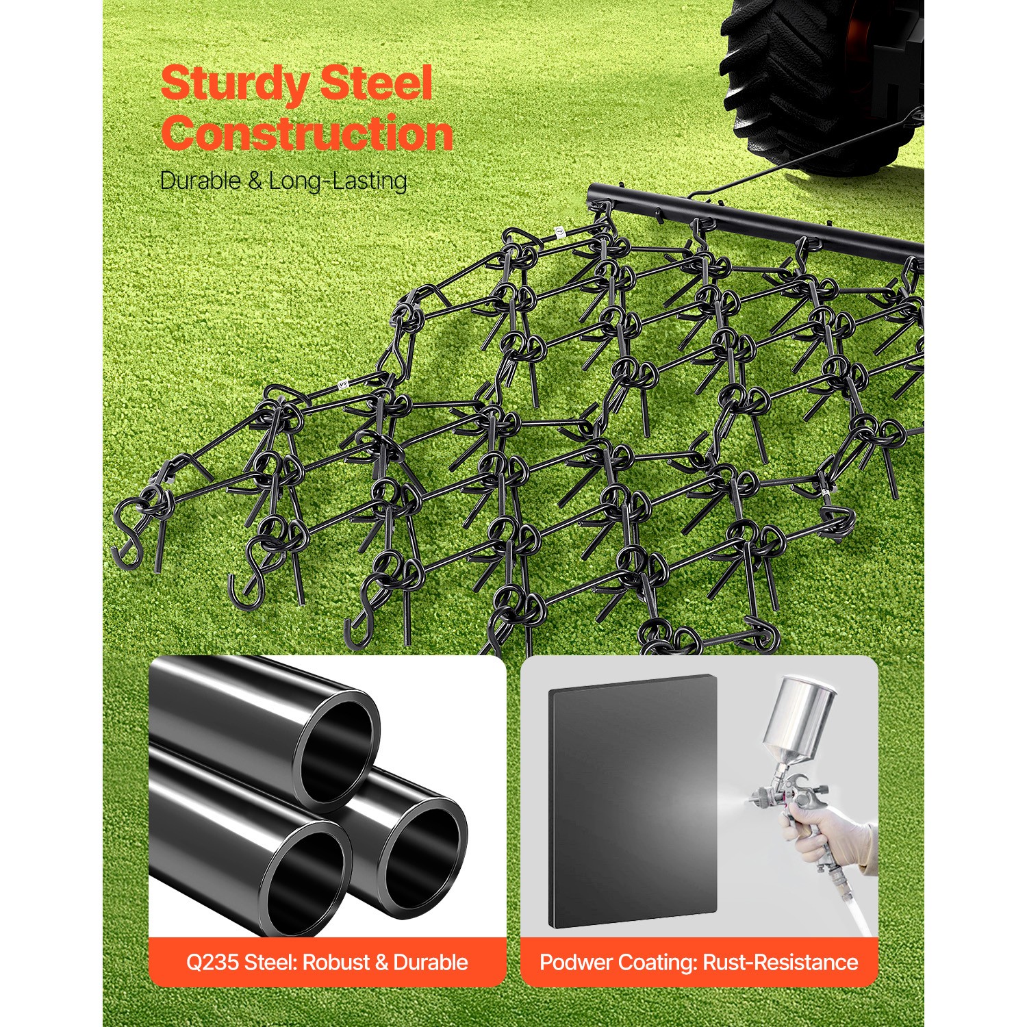 Drag Harrow 4 x 4 ft Chain Harrow ATV Lawn Rake for Landscape Leveling