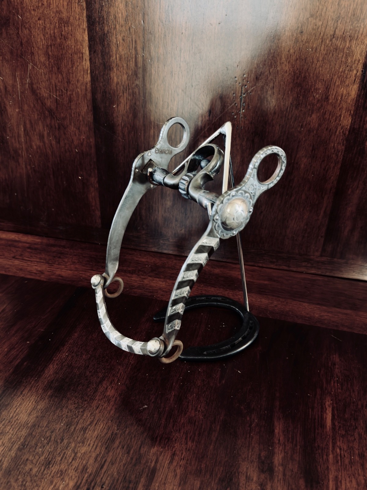 VINTAGE STERLING SILVER VENTURA STYLE CHEVRON INLAY SHOW BIT MAKER MARKED GARCIA