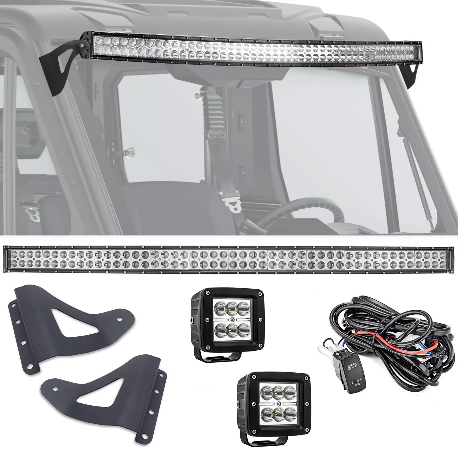 For Can-am Defender HD8/HD9/HD10 Roof 52" LED Light Bar Mount Wire w/3" 24W Pods