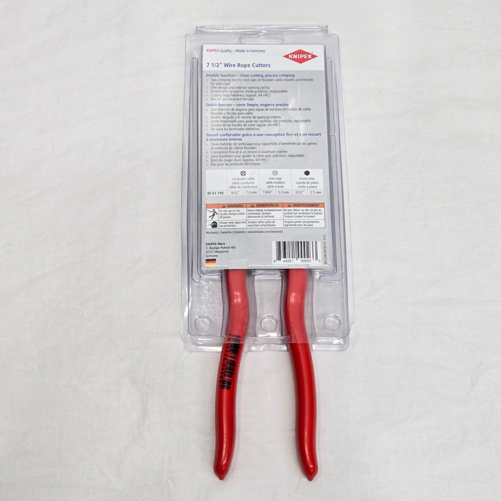 Knipex 95 61 190 SBA 7-1/2 Inch Wire Rope Cutters and Crimpers Made in Germany