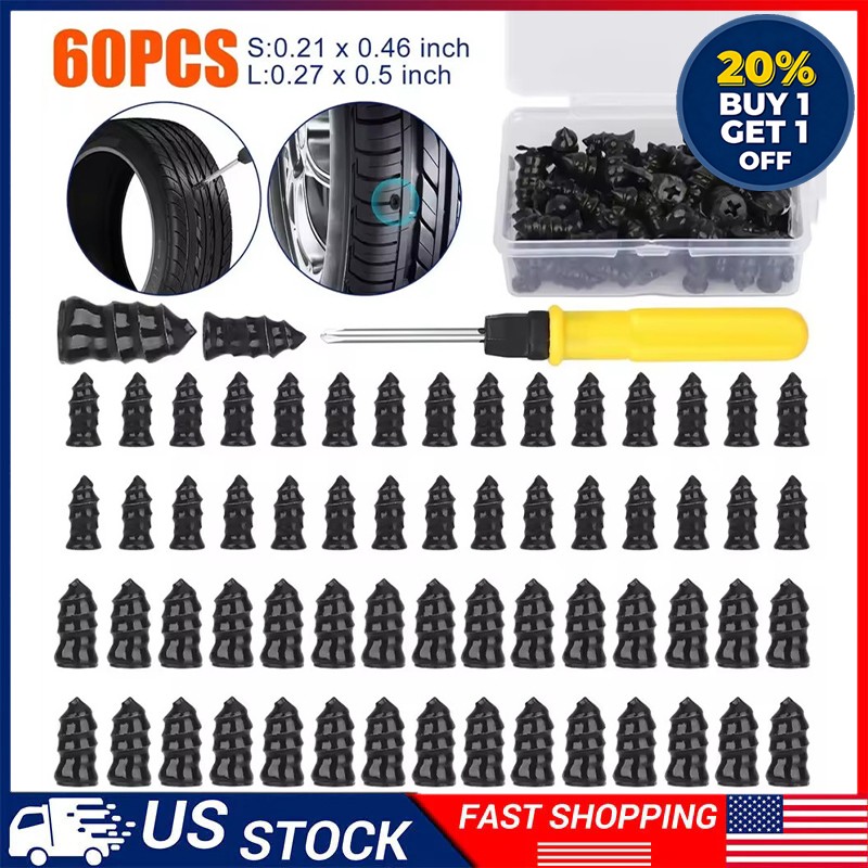 60 x Tire Repair Nail Rubber Screw Nails+ Screwdriver Tool，Quick fix tire plug