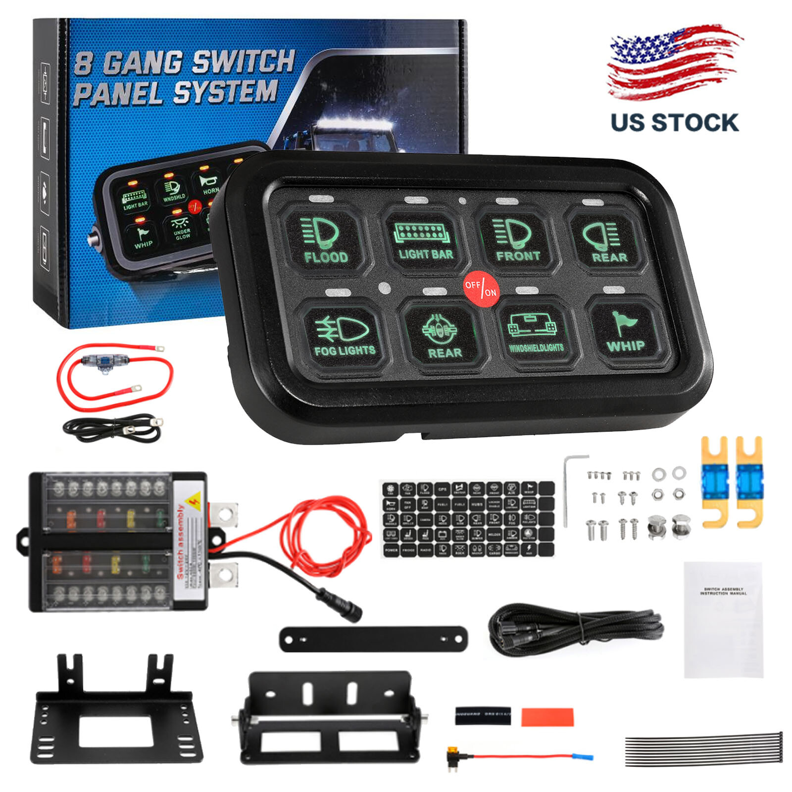 Auxbeam 8 Gang Switch Panel Automatic Dimmable Green LED On-Off Car Truck ATV