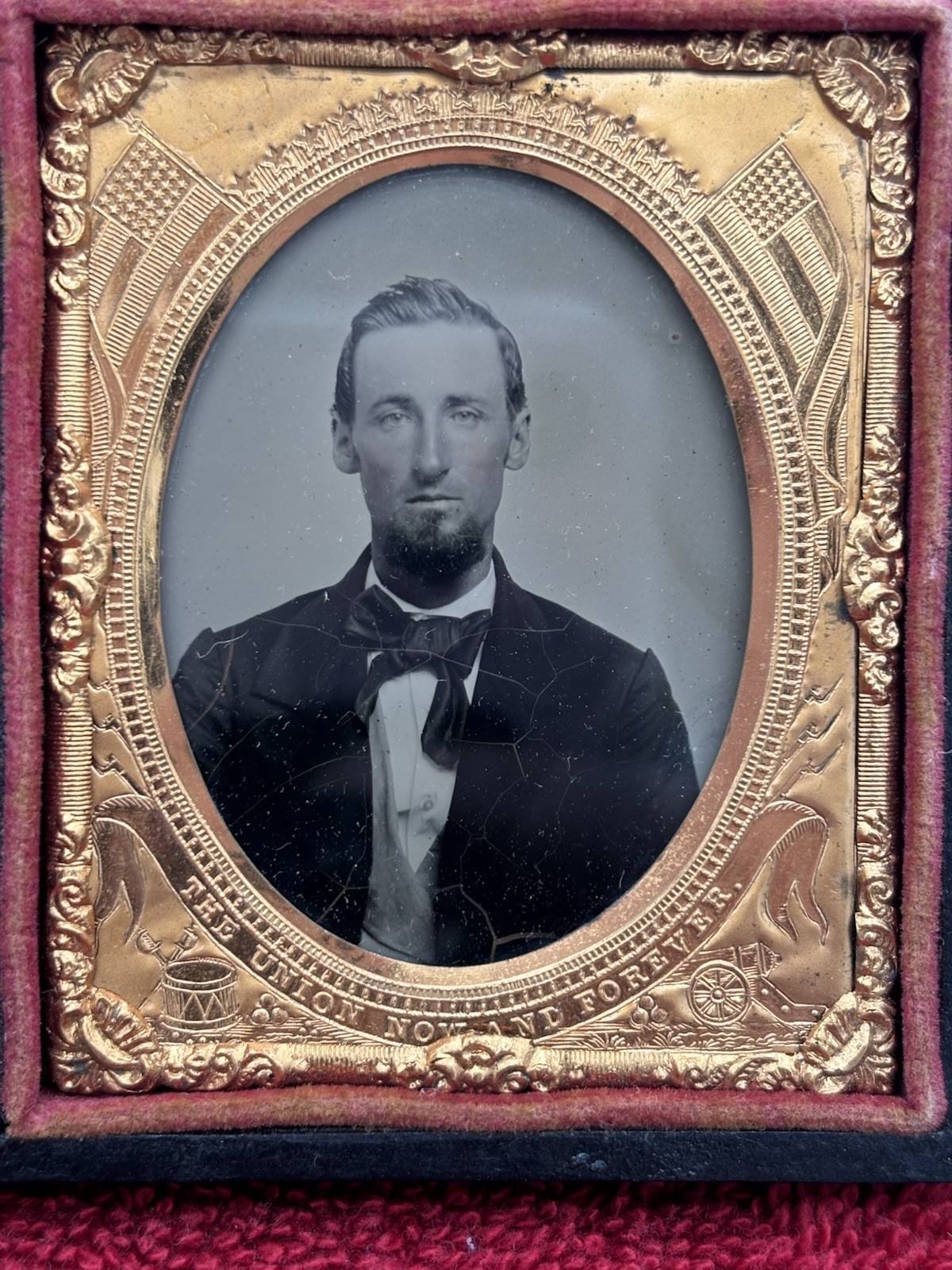 Antique Civil War Ambrotype Soldier “ The Union Now And Forever” Gold Frame Case