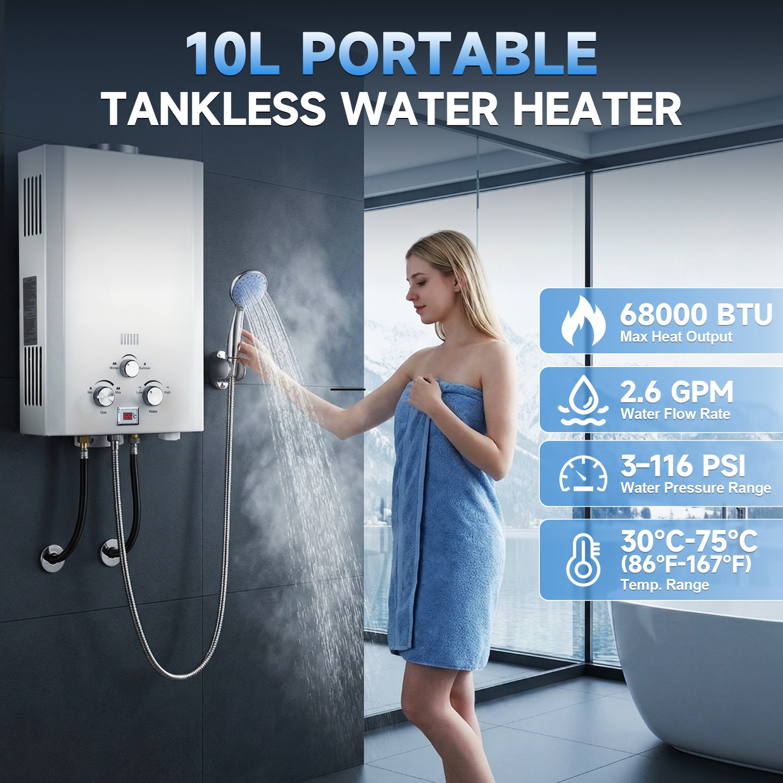 Tankless Propane Gas Hot Water Heater On-Demand Instant Gas Pressure 2800 Pa