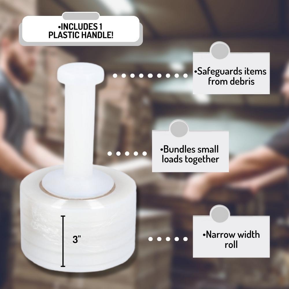 Mini Stretch Wrap Shrink Film, 18 Rolls, 3"x1000', 50 Gauge, with Plastic Handle