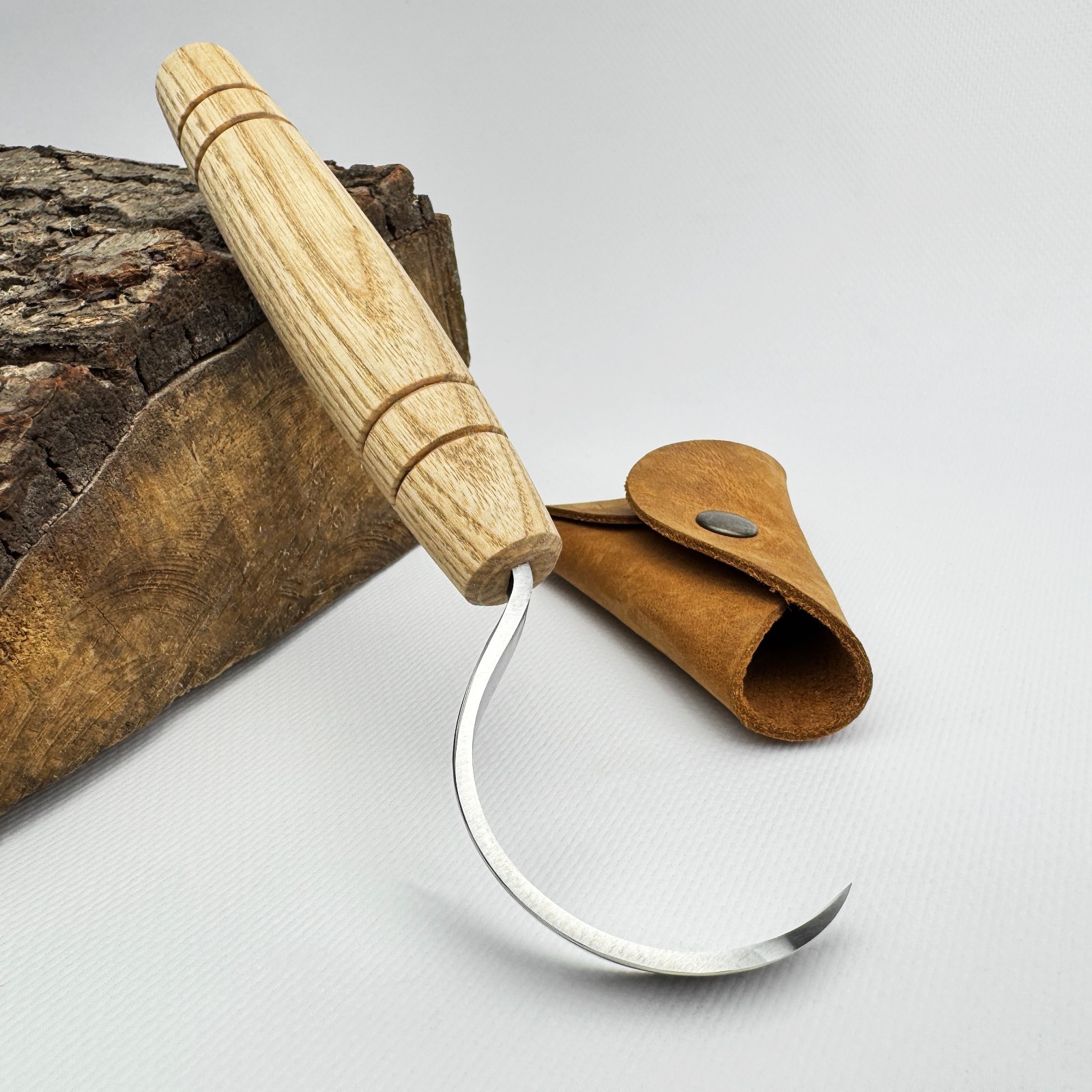 Hand-Forged Hook Knife – 52100 Steel Blade, Ash Handle, With Leather Sheath