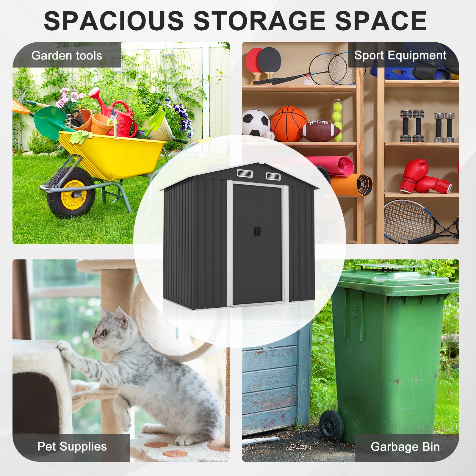 6*4 FT Outdoor Black Pointed Top Iron Pressed Plastic Courtyard Storage Room