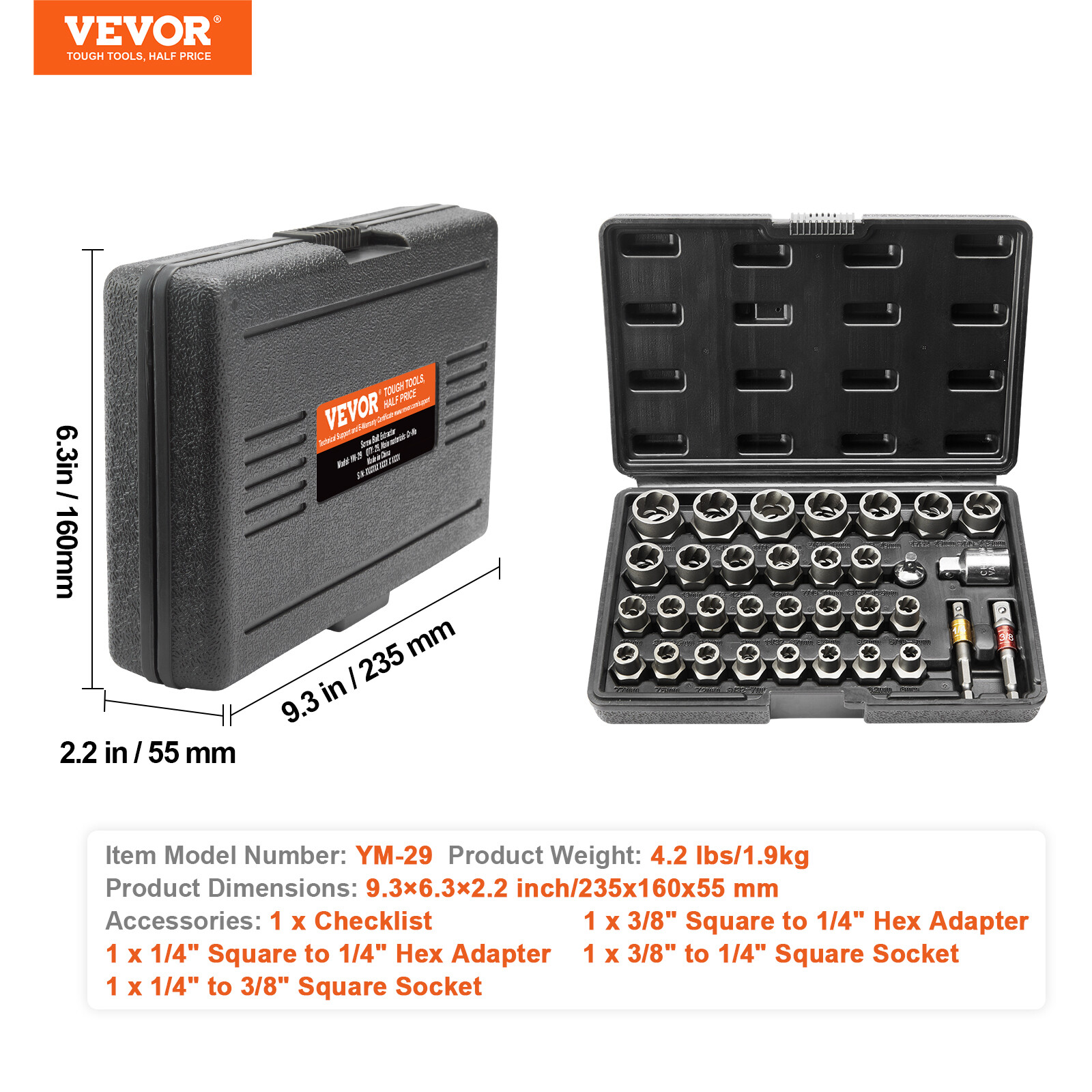 VEVOR Bolt Extractor Set 29-Piece Bolt and Nut Remover Set with Storage Case