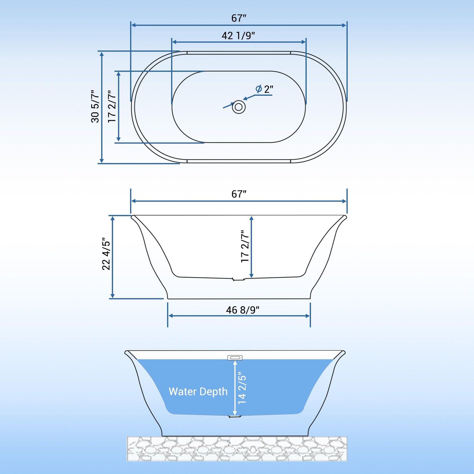 GarveeTech 67 in Freestanding Acrylic Bathtub, Luxury Oval-Shaped Soaking Tub.