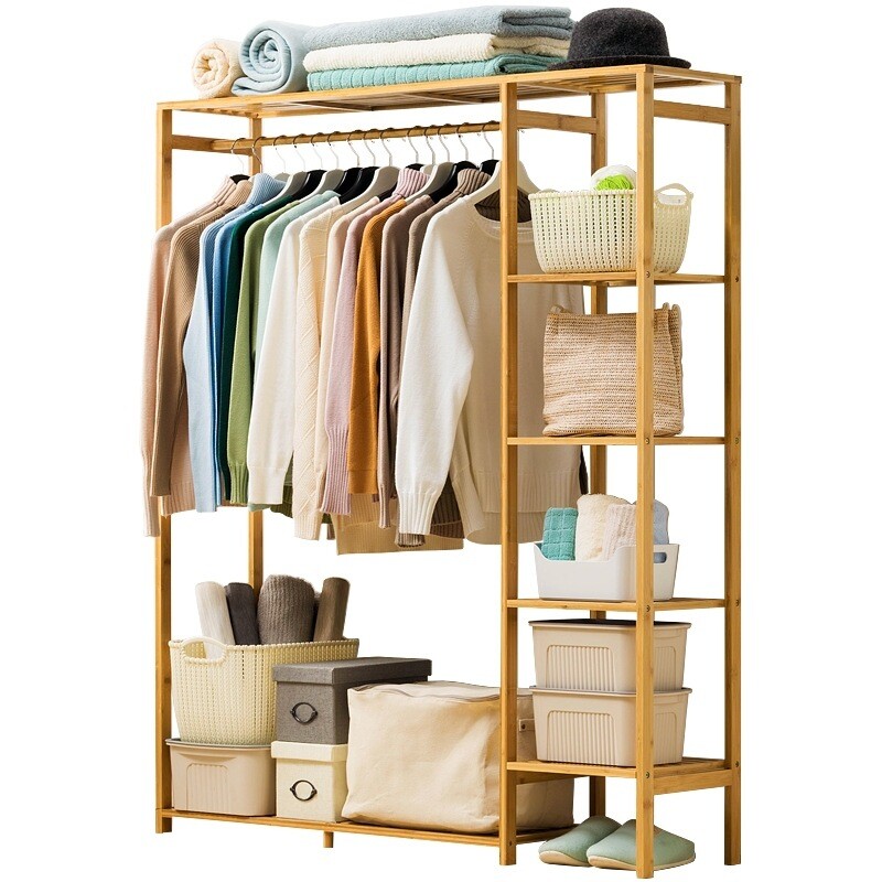 6 Tier Bamboo Garment Rack Storage Shelves Clothes Hanging Wardrobe Closet Stand