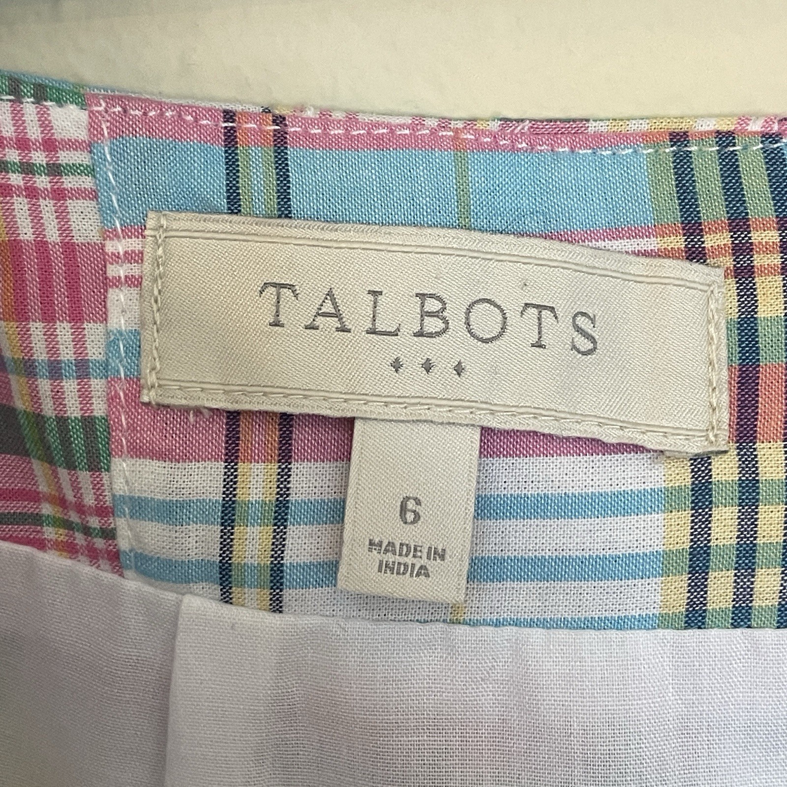 Talbots Madras Plaid Patchwork Skirt Sz 6, Pink Green Blue Pastels, Lined, Zip