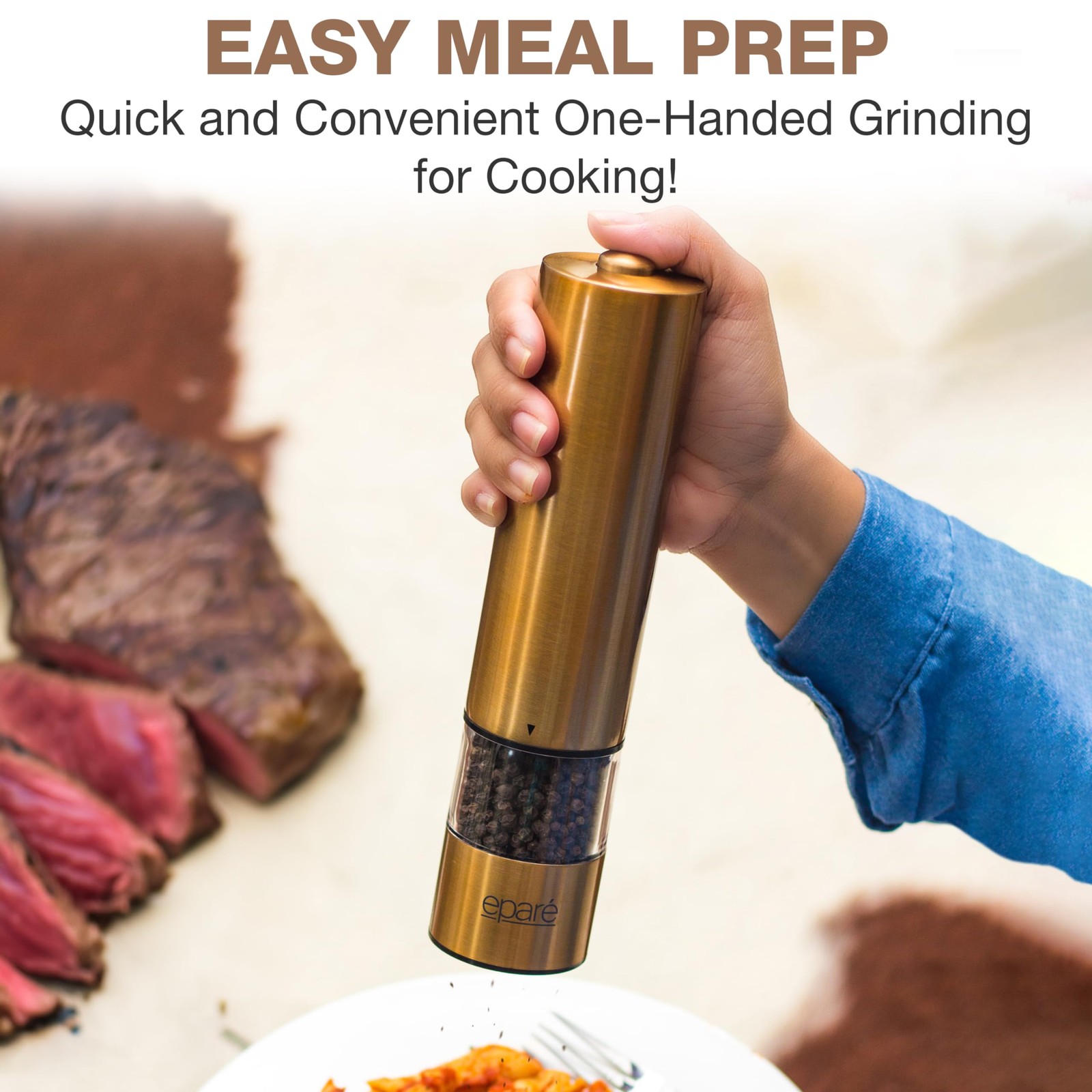 Brass Salt and Pepper Mill - Battery Operated Gold Pepper Grinder with Cerami...