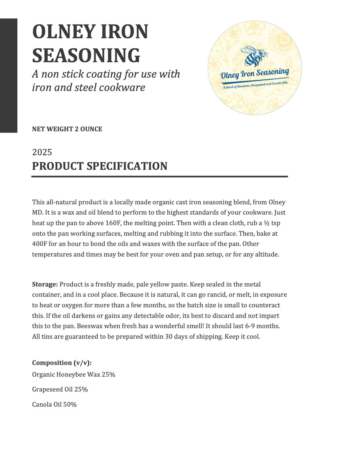 Cast Iron Seasoning - MD Local Organic Beeswax Blend - 2 OZ