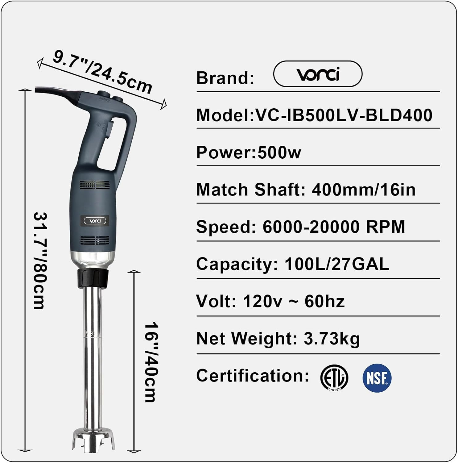 500W Commercial Immersion Blender, 16" SUS 304 Removable Shaft, Heavy Duty Power