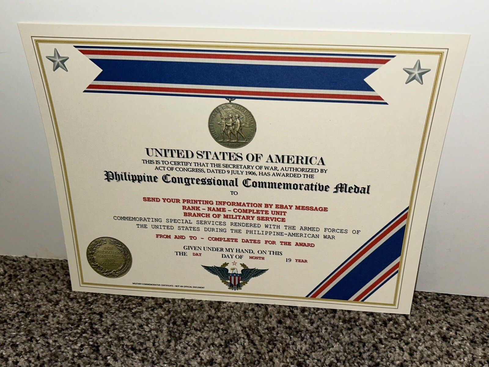 PHILIPPINE CONGRESS COMMEMORATIVE MEDAL CERTIFICATE ~ W/PRINTING TYPE-1