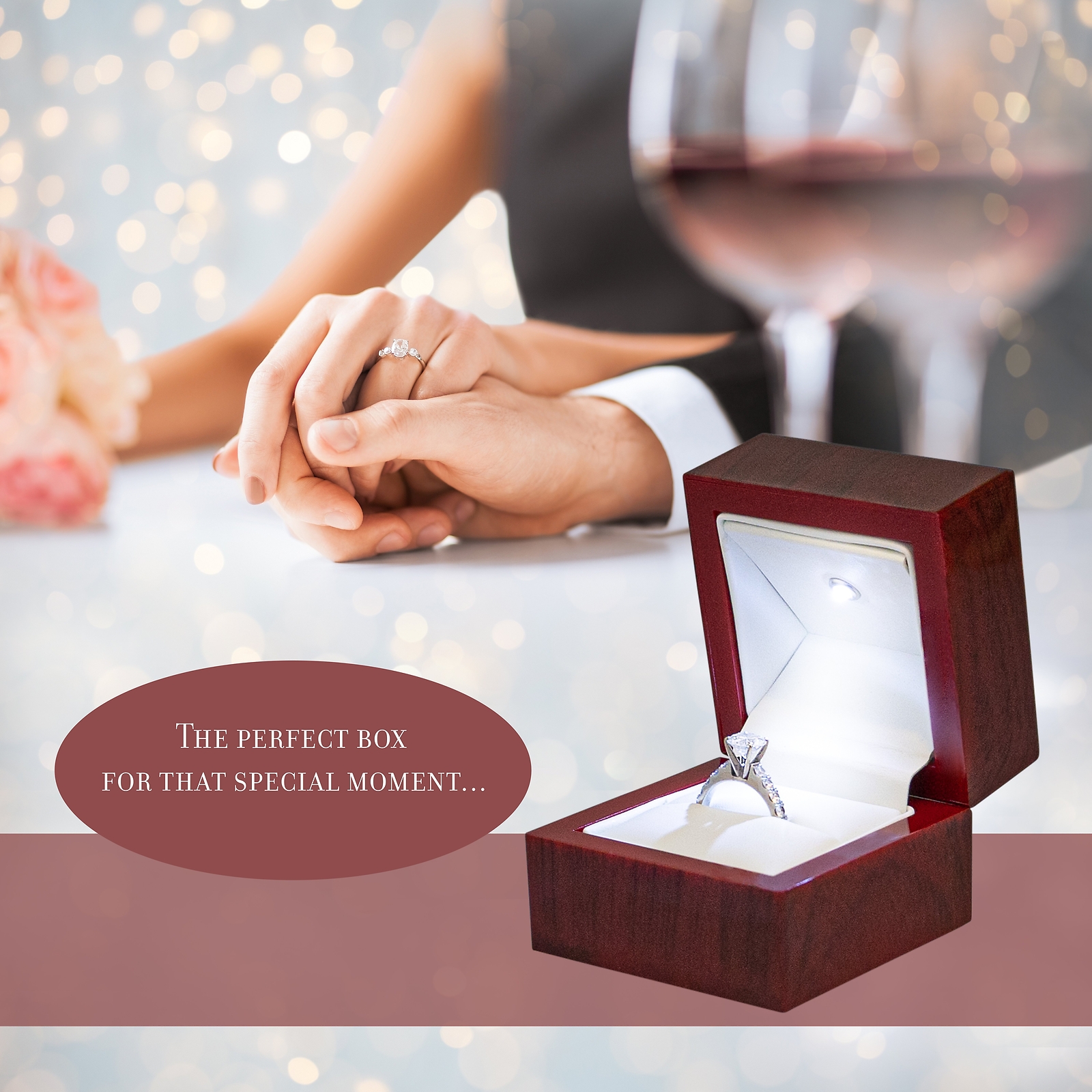 Novel Box Cherry Wood Ring Box, Led Light Ring box for Engagement Proposal