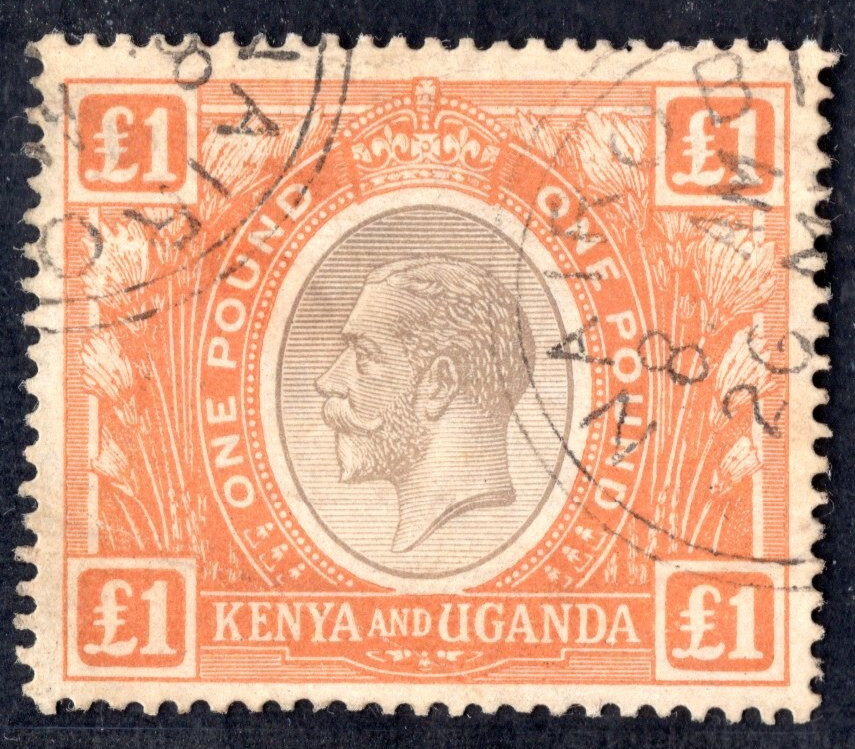 KENYA & UGANDA 1 POUND K. GEORGE V S.G. #95 SCOTT #37 NEATLY USED IN "NAIROBI"