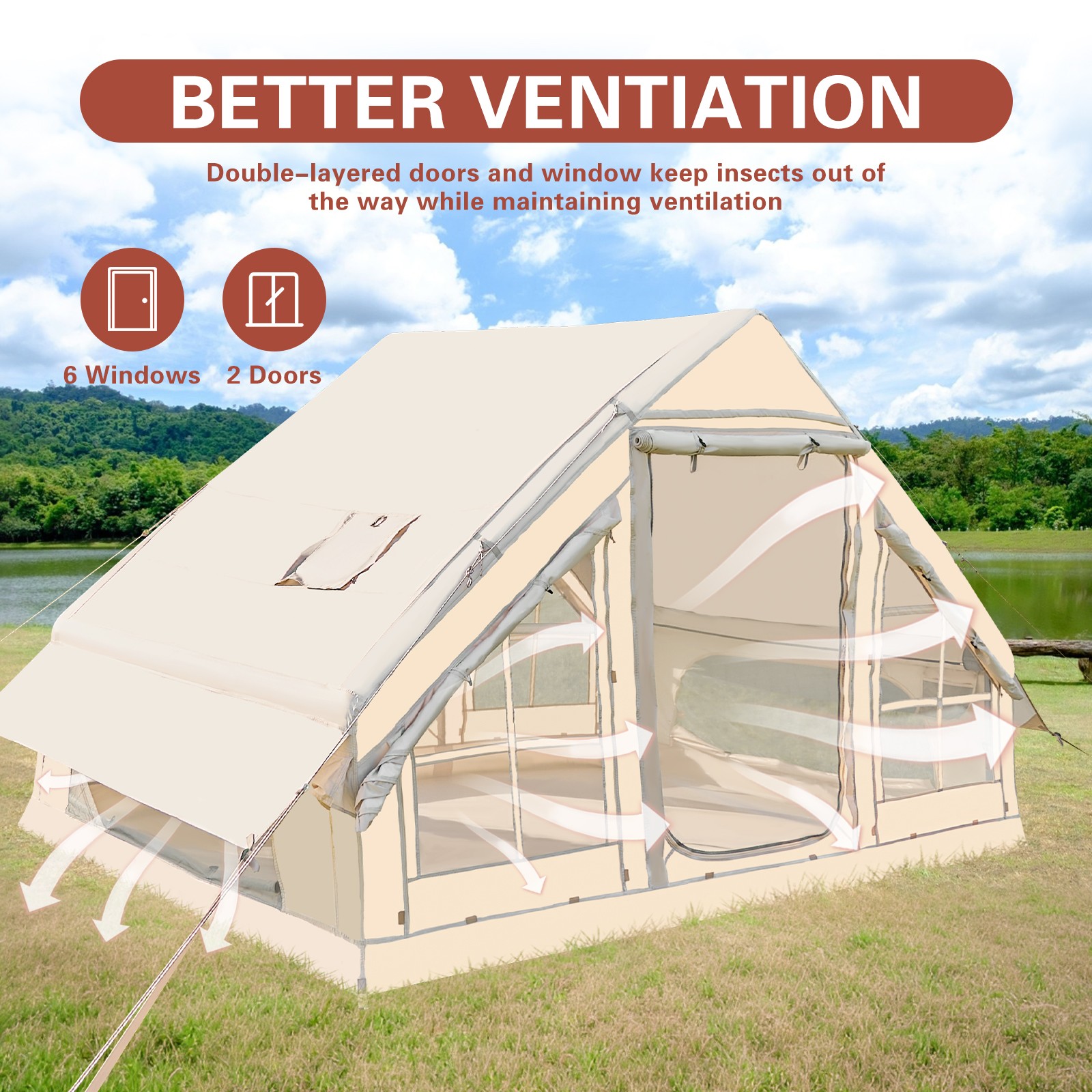 Portable Inflatable Camping Tent 6 Person Waterproof w/ Stove Jack Window