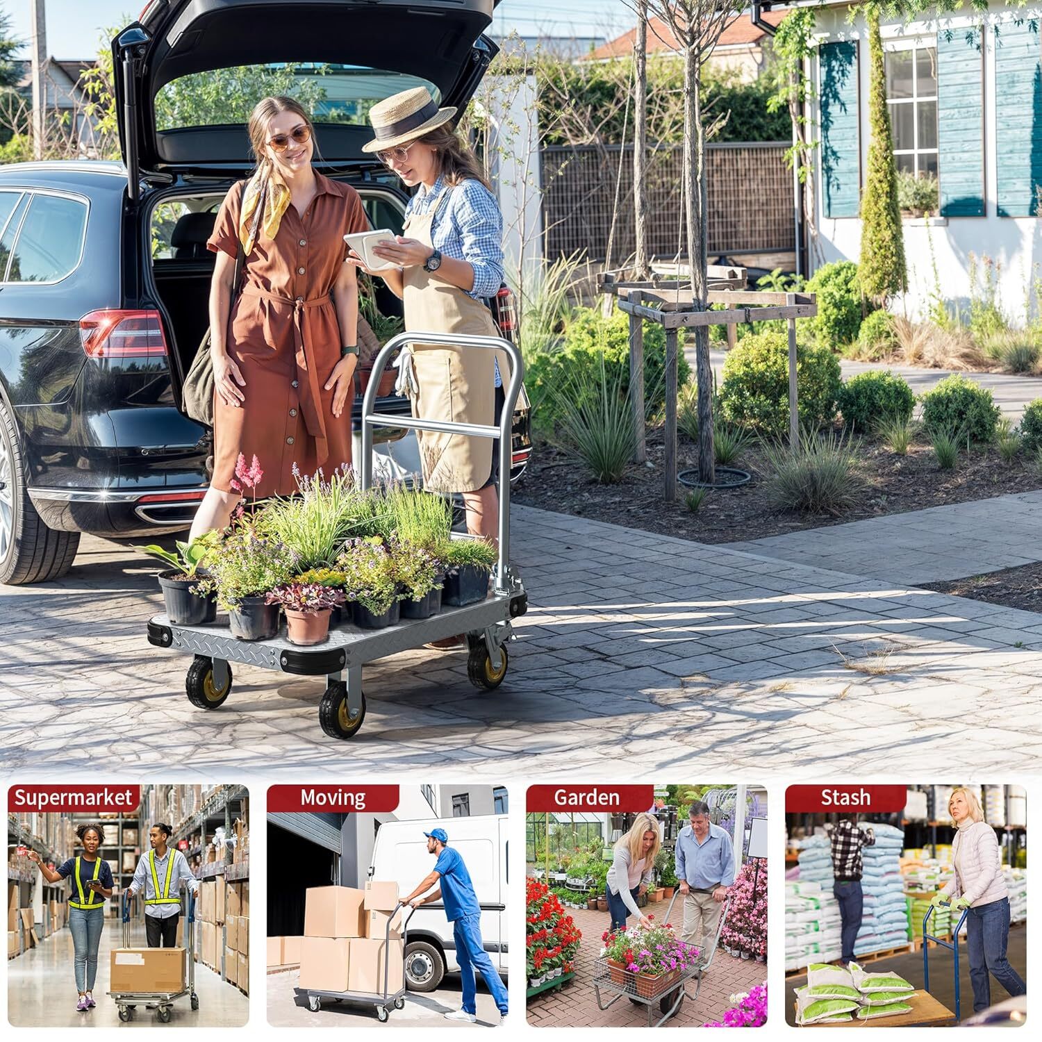 Foldable Large Flatbed Cart Platform Truck Cart Dolly W/ Wheels Steel 2000 LBS